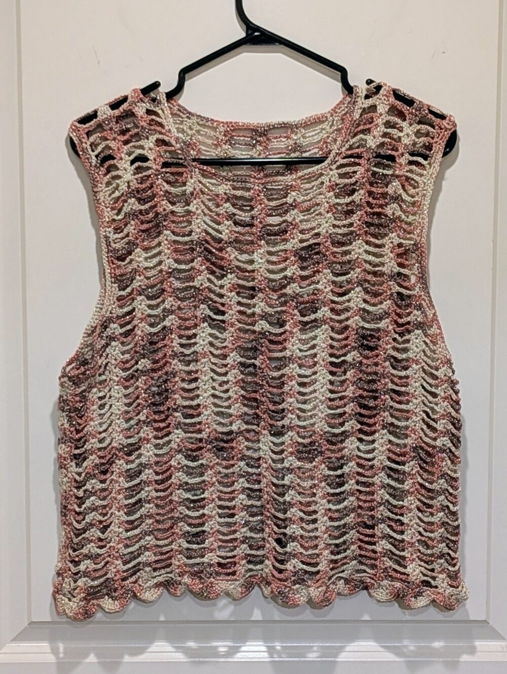 EUC Handmade Open Crochet Wavy Lace Mesh Sparkle Tank Top